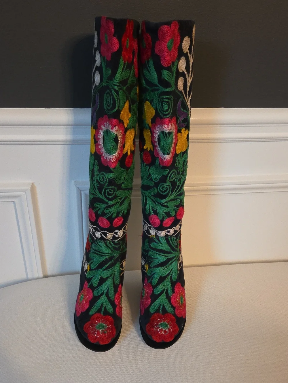 Rockwell Tharp Black Floral Embroidered Wedge Knee-High Boots